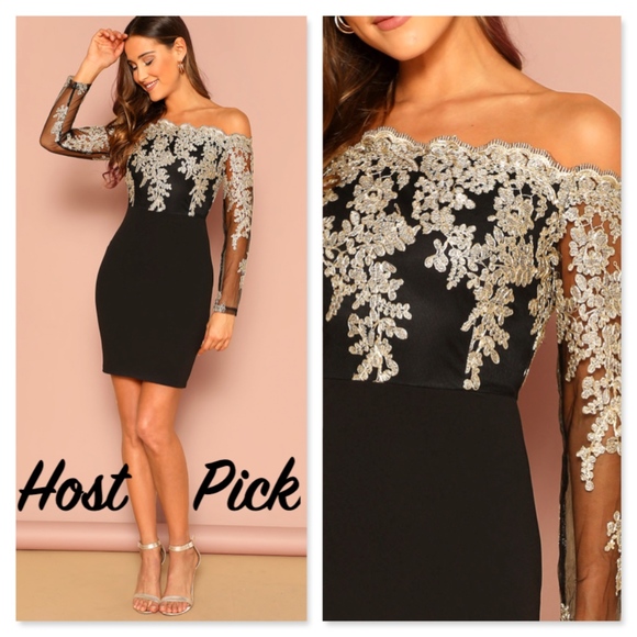 Rouge! Dresses & Skirts - Gold Embroidered Mesh Bodice Black Bodycon Dress